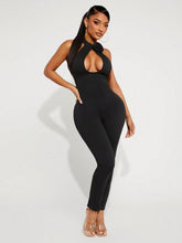 Women's Sexy Backless Hollow Floral Decor Halter Jumpsuit